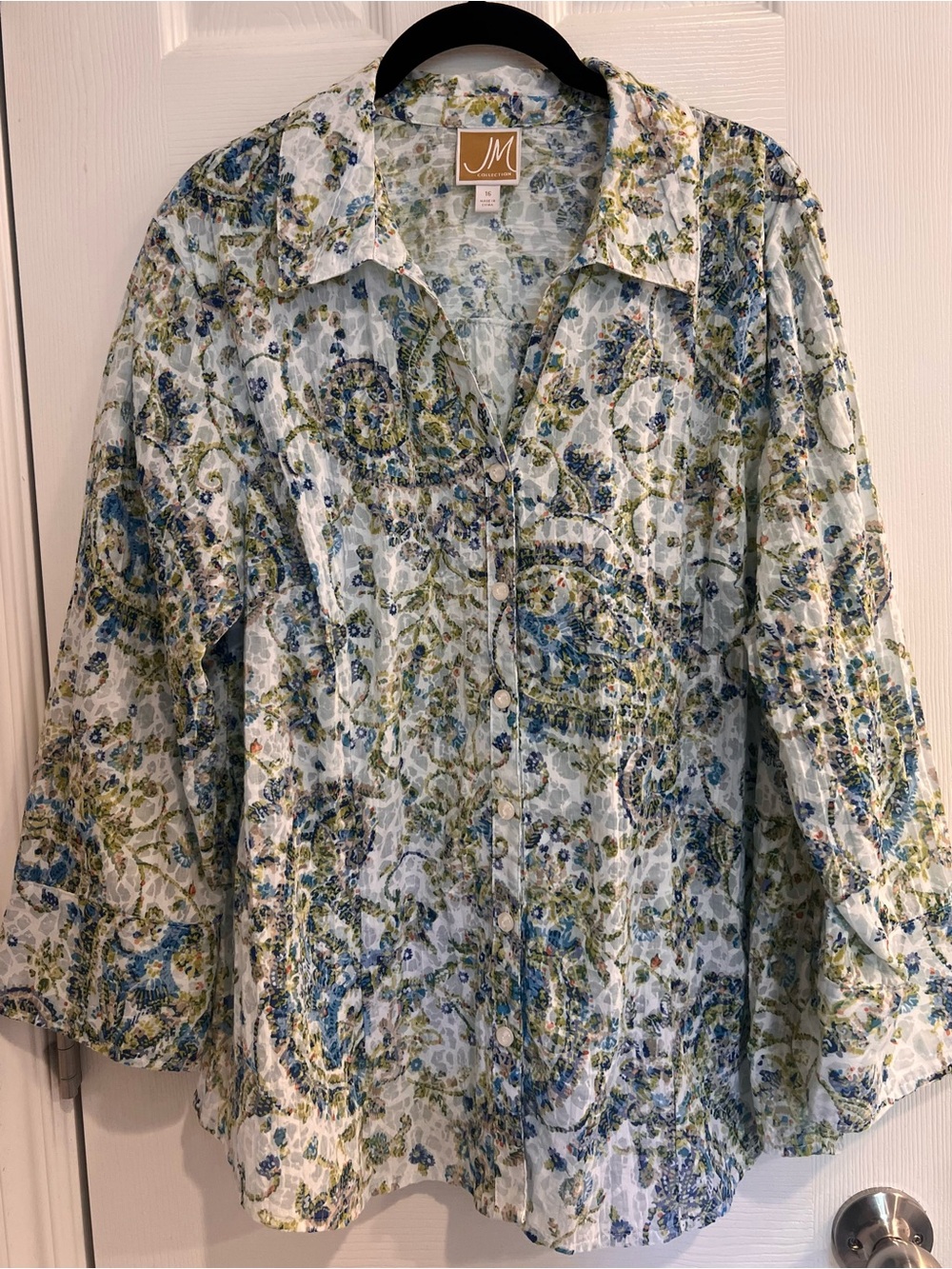 JM Collection Blue & Green Paisley Button-Front Blouse Top Shirt XL Crinkle 16
